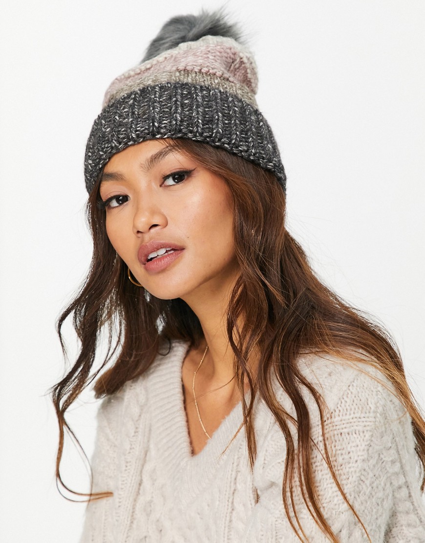 French Connection ribbed pom pom striped beanie in black
