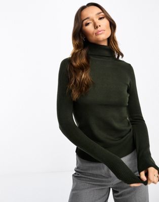 French Connection ribbed roll neck jumper in dark green  - ASOS Price Checker