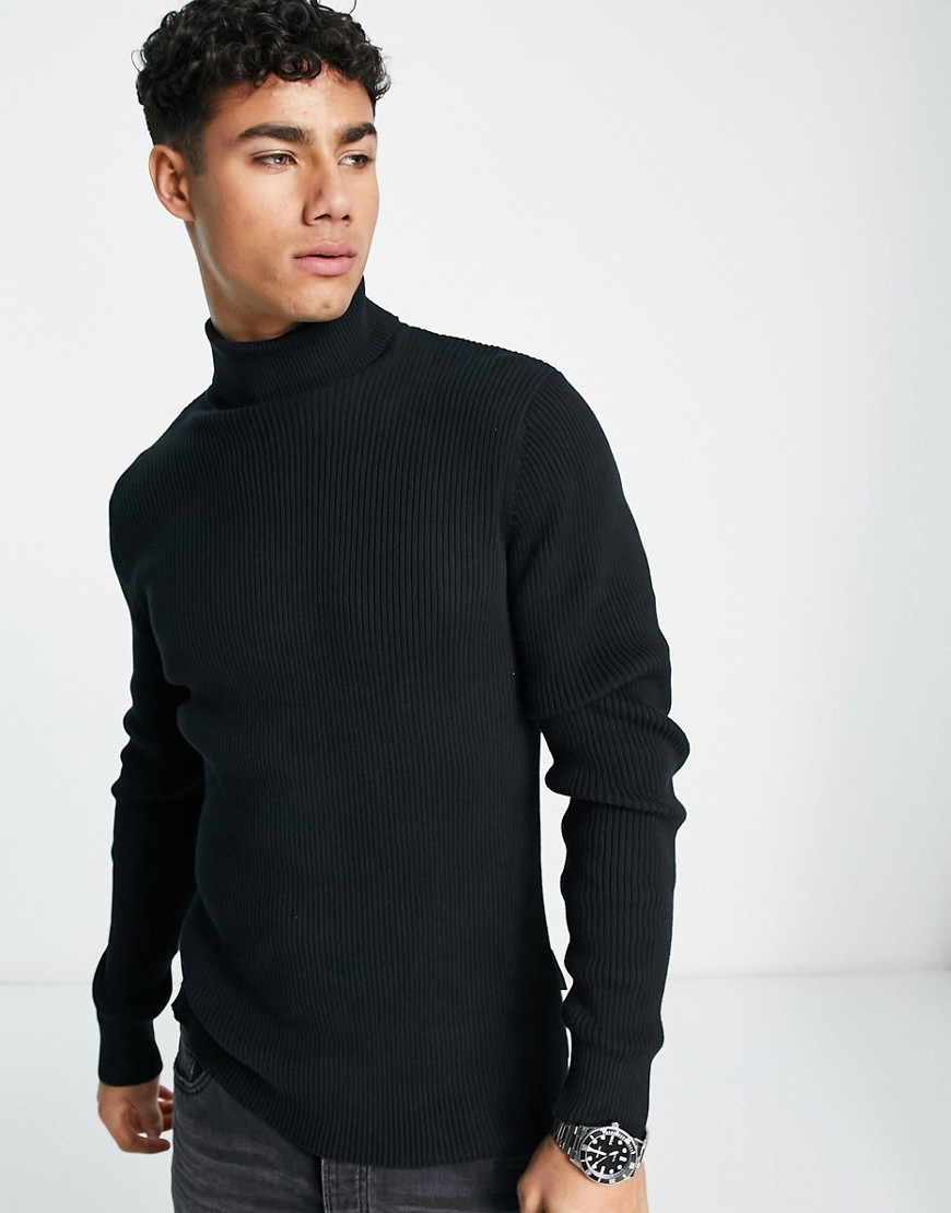 French Connection ribbed roll neck sweater in black