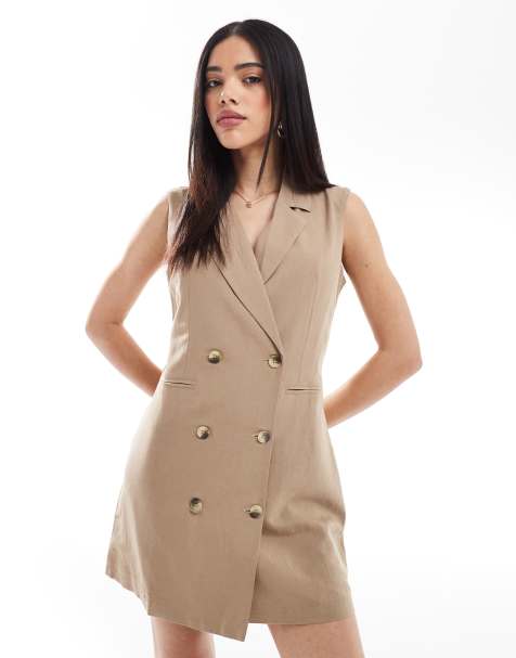 French Connection - Robe blazer courte en lin sans manches - Fauve - view 1
