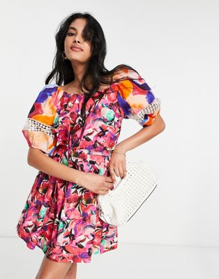 French Connection cotton mini dress with puff sleeve in contrast prints - PINK - ASOS Price Checker