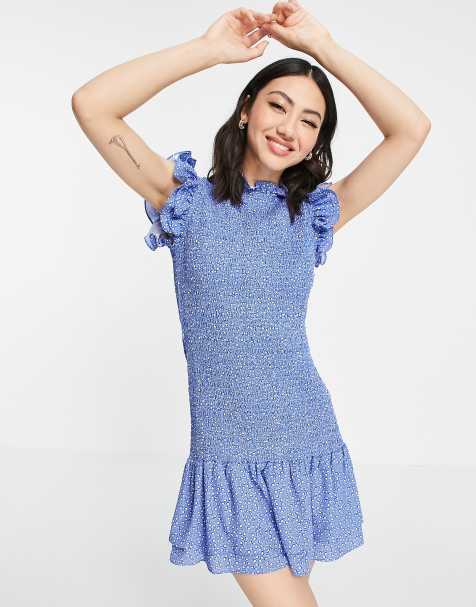 Robe longue femme cache cœur manches volants motif palmiers bleu denim 34-50