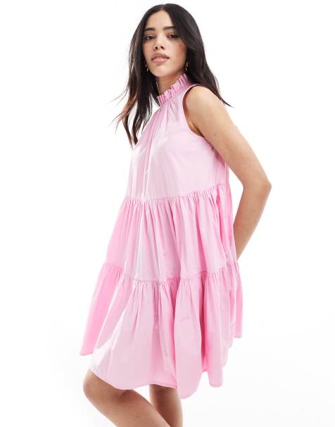 French Connection - Robe courte en popeline avec volants étagés et col montant - Rose - view 1