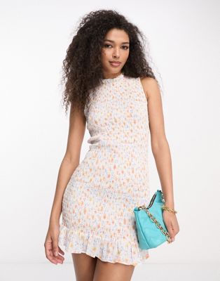 French Connection shirred mini dress in white floral - ASOS Price Checker