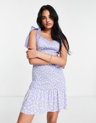 French Connection smocked mini dress with tie shoulder and ruffle hem in ditsy floral - ASOS Price Checker