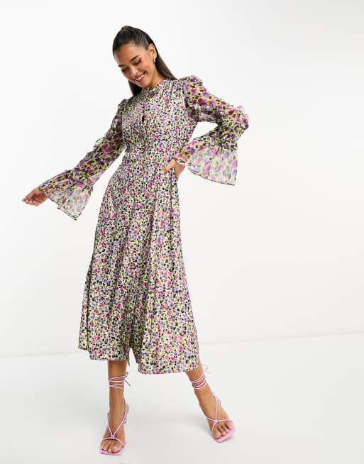 French Connection - Robe mi-longue à volants et petites fleurs - Vert vif 