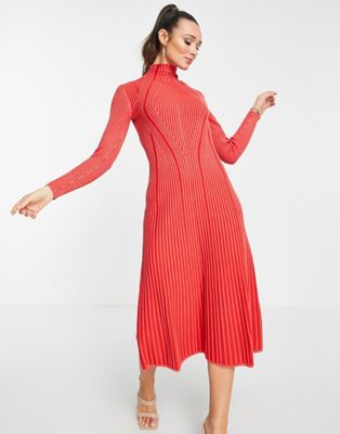 Robes du soir French Connection - Robe mi-longue en maille côtelée - Rouge