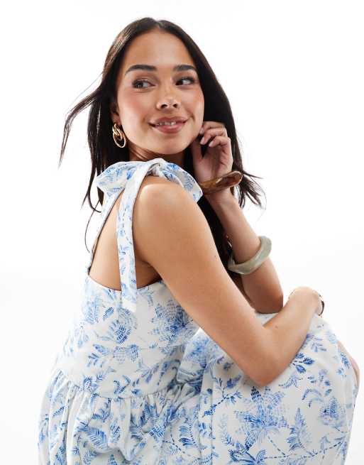 French Connection - Robe mi-longue nouée aux épaules - Crème et bleu fleuri , 4 de 4