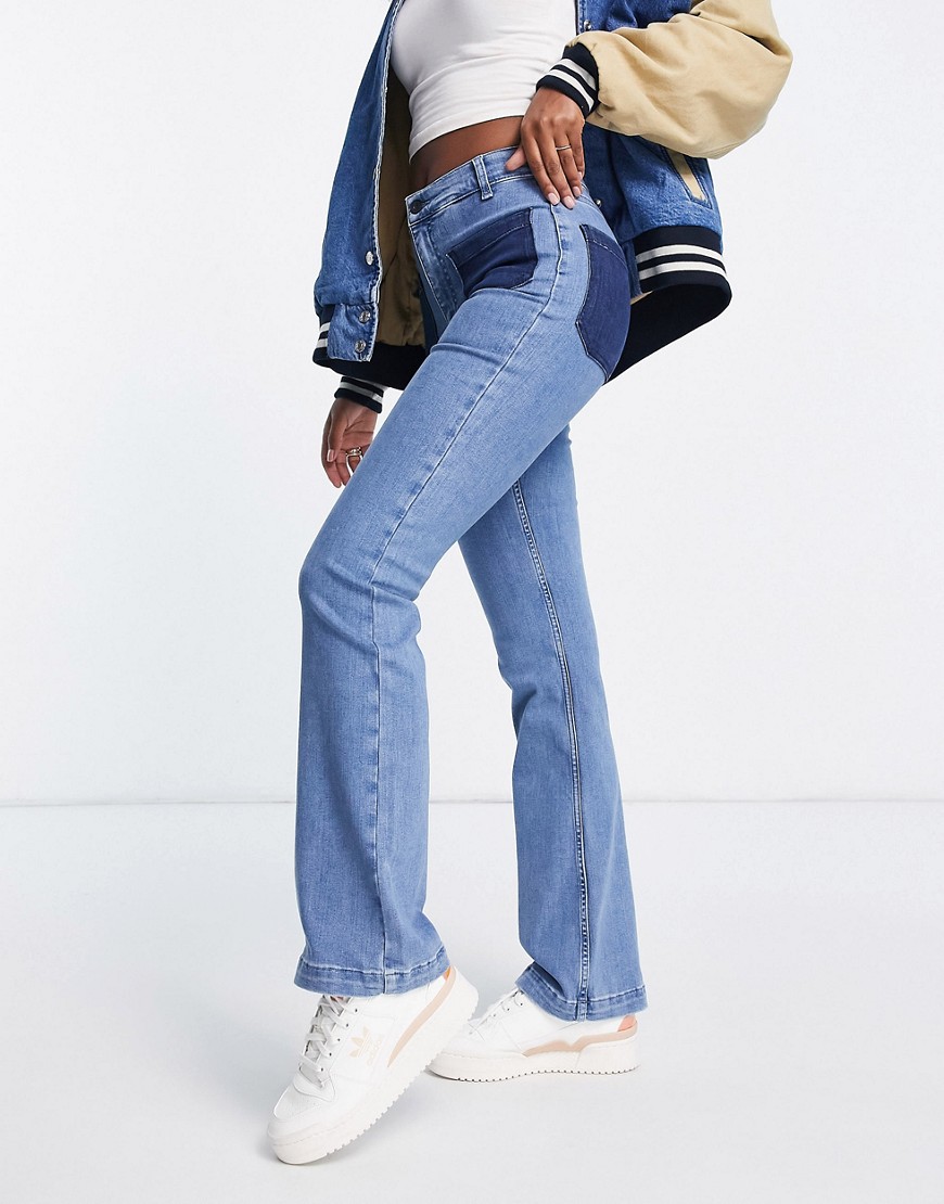 French Connection Rony 70's flare jeans in two tone color block denim-Blues