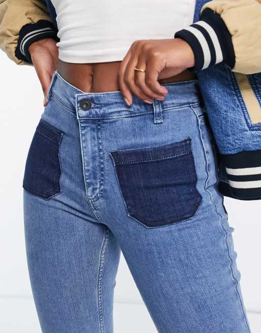 French Connection Rony 70's flare jeans in two tone colour block denim, 3 of 4