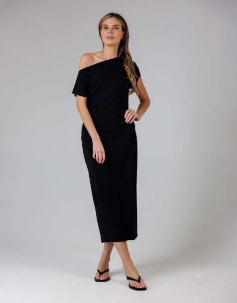 French Connection Ruched boat neck short sleeve midi dress in black - view 1
