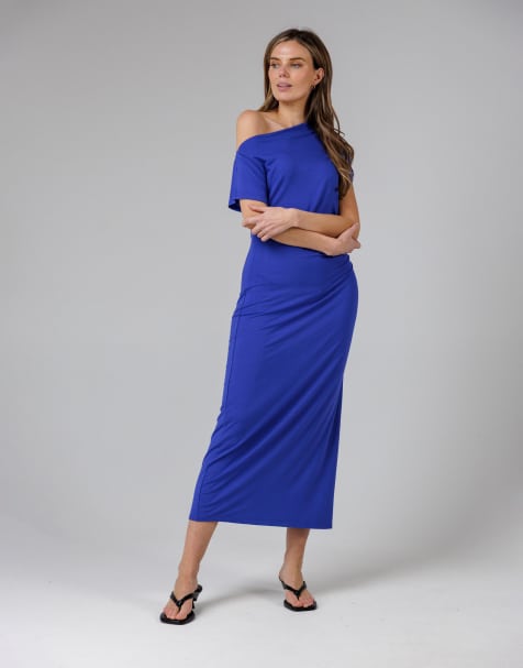 French Connection Ruched boat neck short sleeve midi dress in blue
