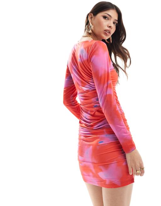 French Connection ruched bodycon mini dress in pink print ASOS