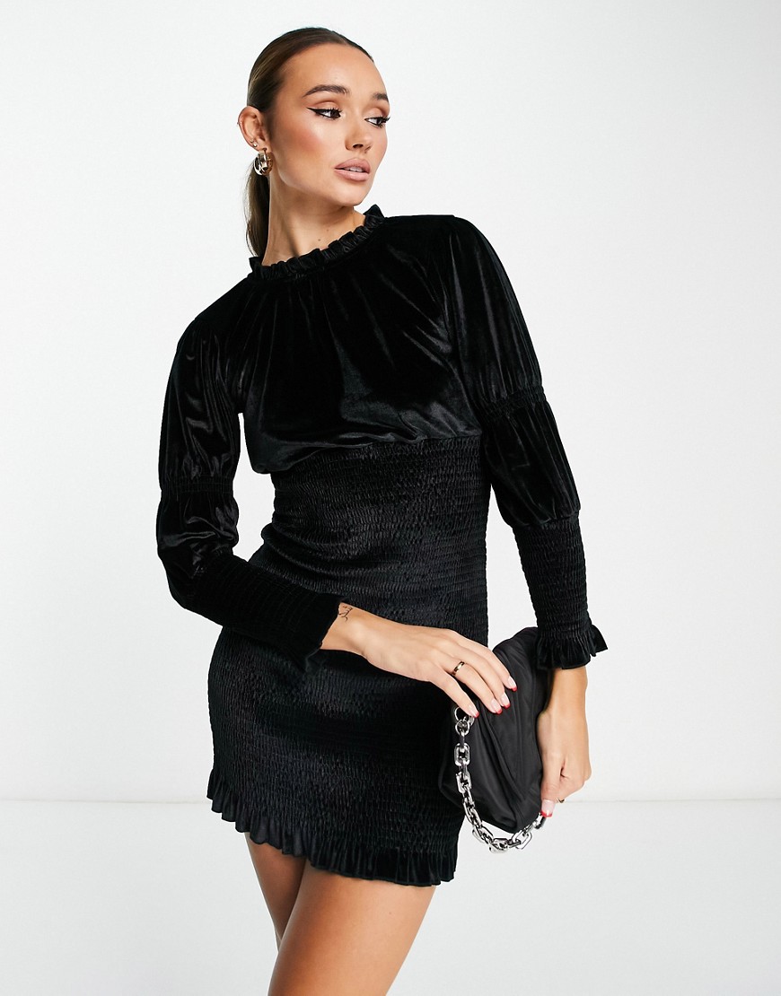 French Connection ruched mini dress in black velvet