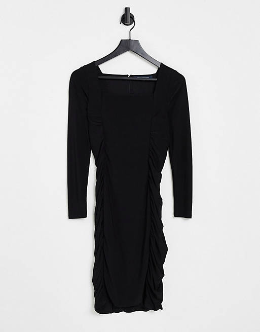 French Connection ruched side bodycon midi dress in black