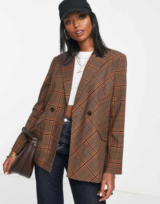 French Connection - Ruimvallende blazer in bruin met ruiten, deel van co-ord set