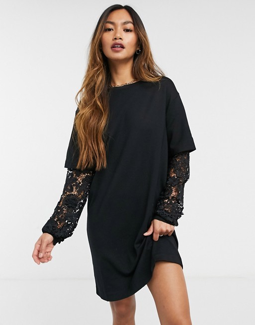 French Connection Sabinne Laced Sleeved Dress in Black
