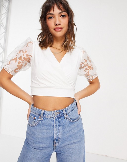French Connection lace puff sleeve jersey top in white