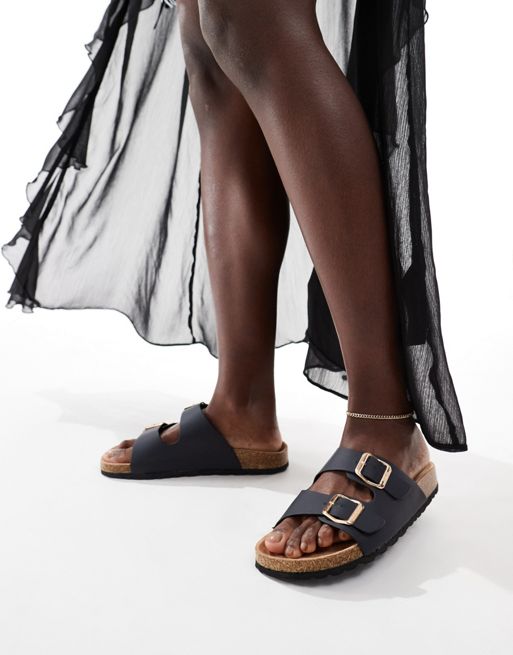 French Connection - Sandalen met voetbed en twee gespen in licht zwart