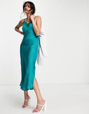 French Connection satin cami dress with lace detail in teal