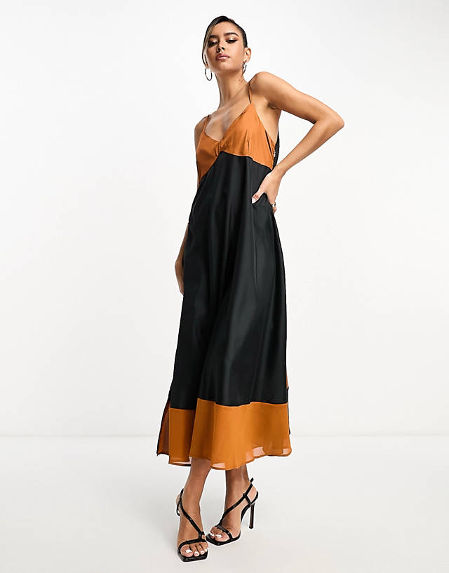French Connection satin cami maxi dress in color block