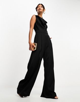 French Connection satin cowl neck jumpsuit in black | ASOS