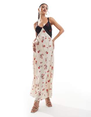 satin midi dress in mixed print with lace inserts in cream and black-White