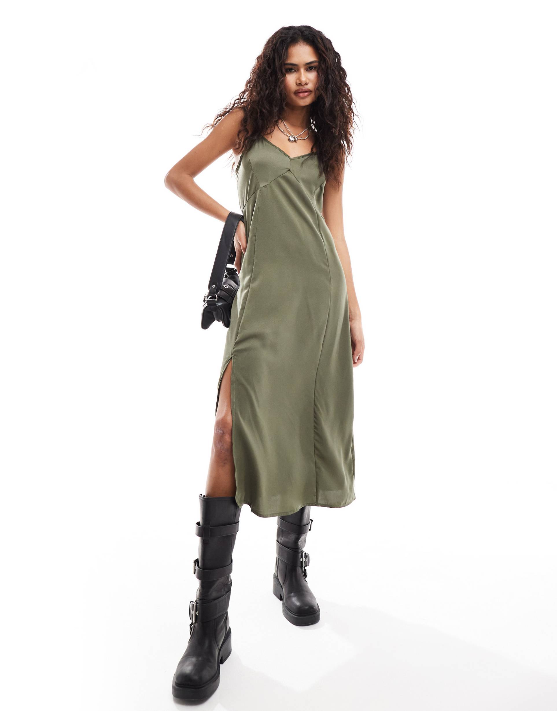 french connection satin midi slip dress in khaki