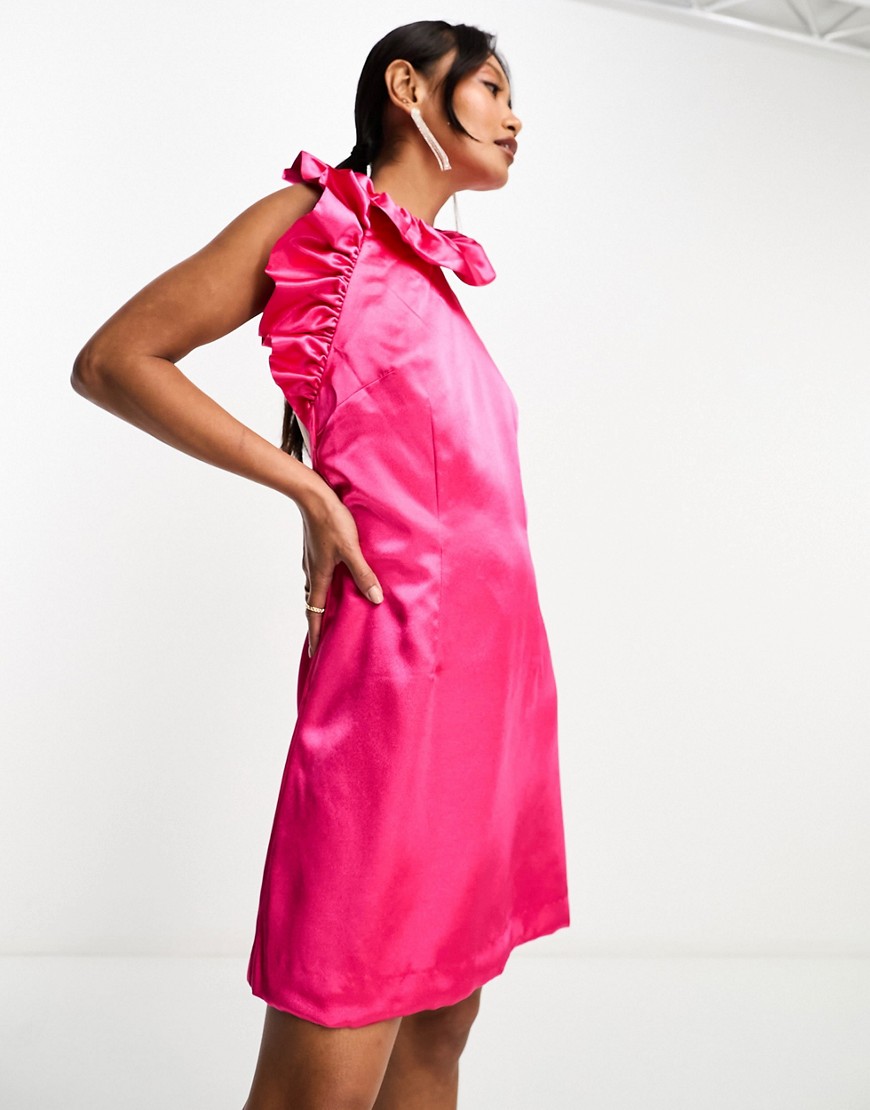 French Connection satin mini dress with ruffle detail in fuchsia pink