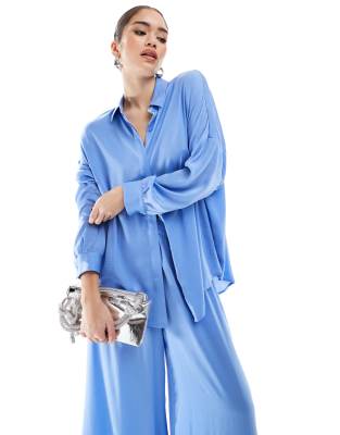 French Connection French Connection satin shirt co-ord in cornflower blue