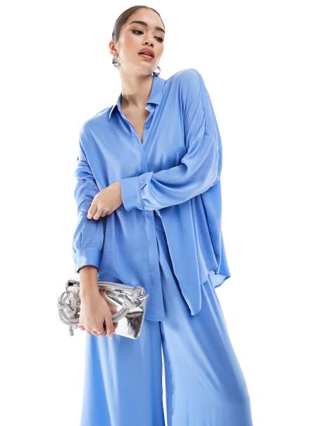 French Connection satin shirt co-ord in cornflower blue - view 1