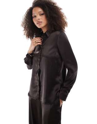 French Connection satin aune shirt in chocolate co-ord