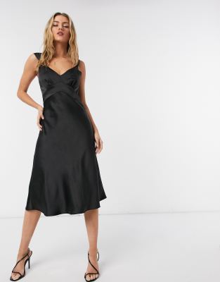 black satin slip midi dress