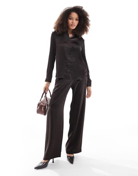French Connection satin trouser in chocolate co-ord