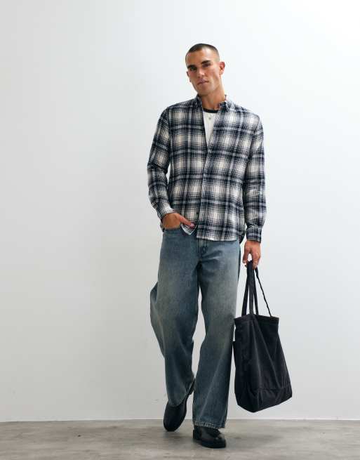 French Connection Scot long sleeve check flannel shirt in neutral & navy, 2 of 5