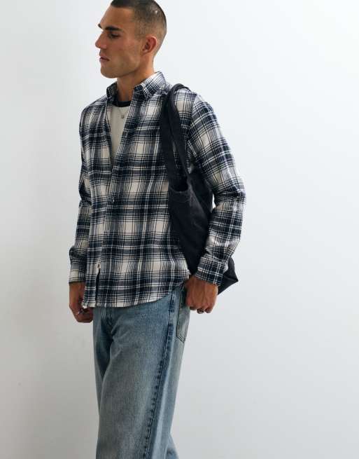 French Connection Scot long sleeve check flannel shirt in neutral & navy, 3 of 5