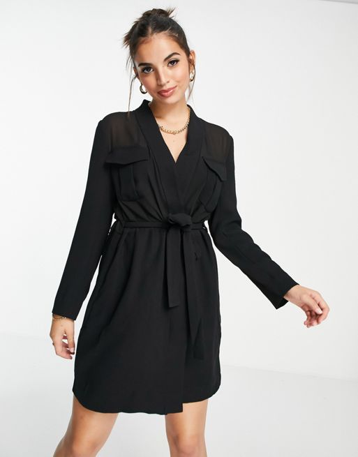 French Connection semi-sheer tie waist blazer dress co-ord in black | ASOS