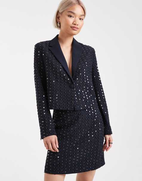French Connection sequin embellished cropped blazer co-ord in navy - view 1