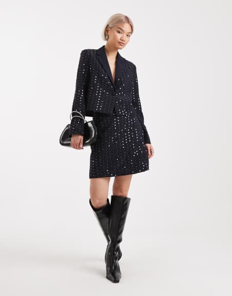 French Connection sequin embellished mini skirt co-ord in navy - view 1