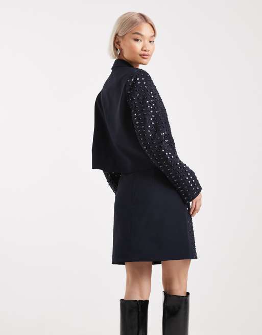 French Connection sequin embellished mini skirt co-ord in navy, 2 of 5
