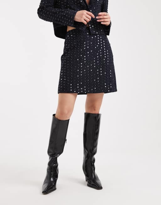 French Connection sequin embellished mini skirt co-ord in navy, 4 of 5