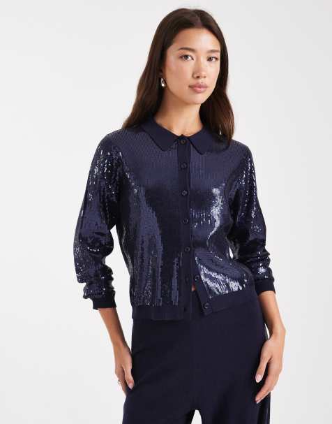 French Connection sequin knitted shirt co-ord in navy - view 1