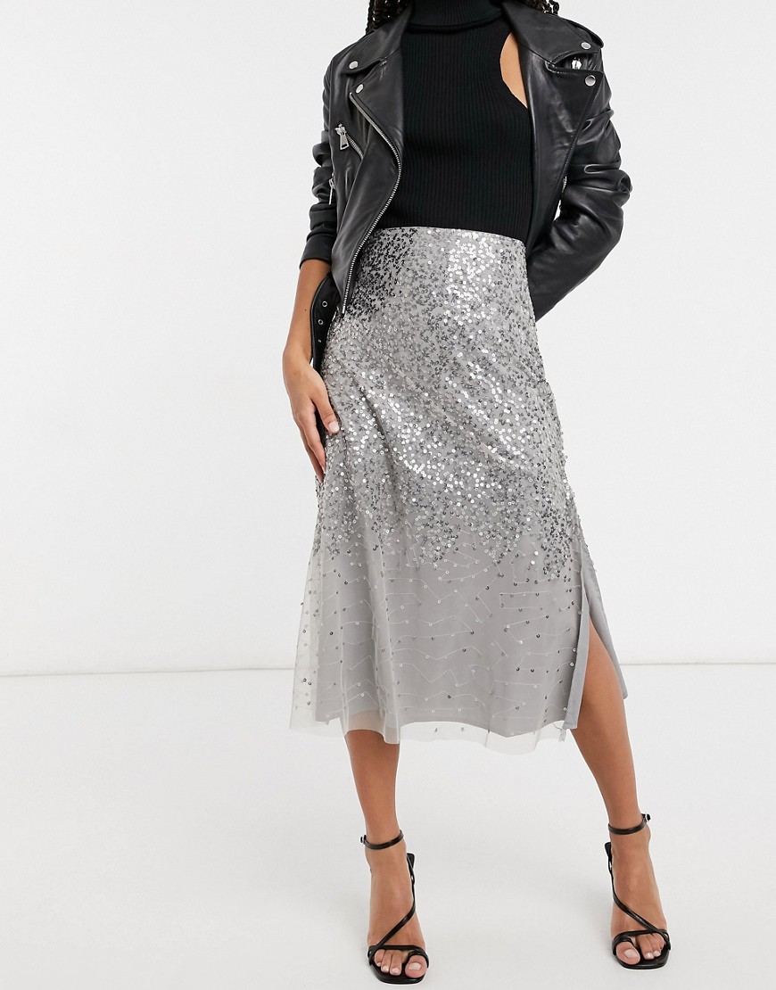 French Connection sequin midi skirt in gray-Grey