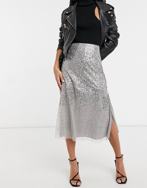 French Connection sequin midi skirt in grey