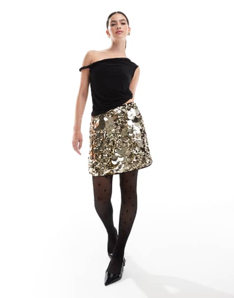 French Connection sequin mini skirt in gold - view 1