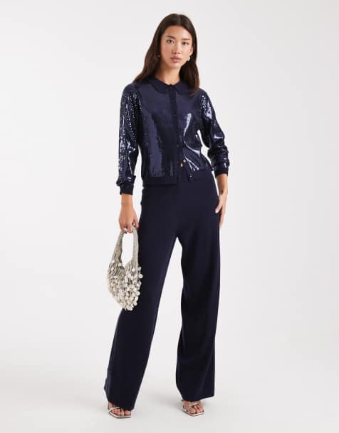 French Connection sequin panel wide leg trousers co-ord in navy