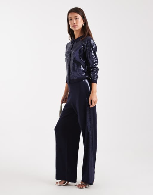 French Connection sequin panel wide leg trousers co-ord in navy, 2 of 5