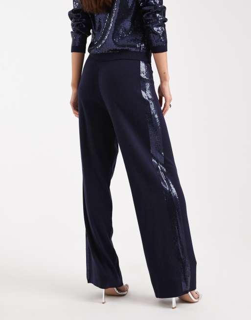 French Connection sequin panel wide leg trousers co-ord in navy, 4 of 5