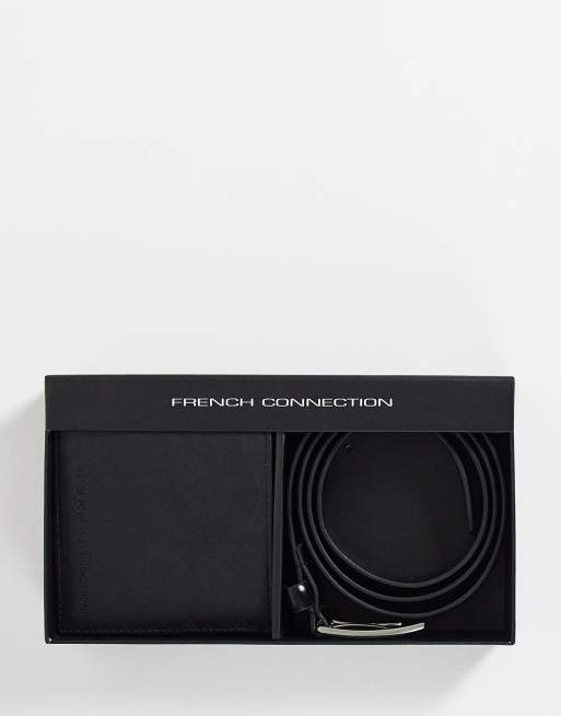 French Connection - Set regalo con portafogli con logo e cintura in pelle, colore nero