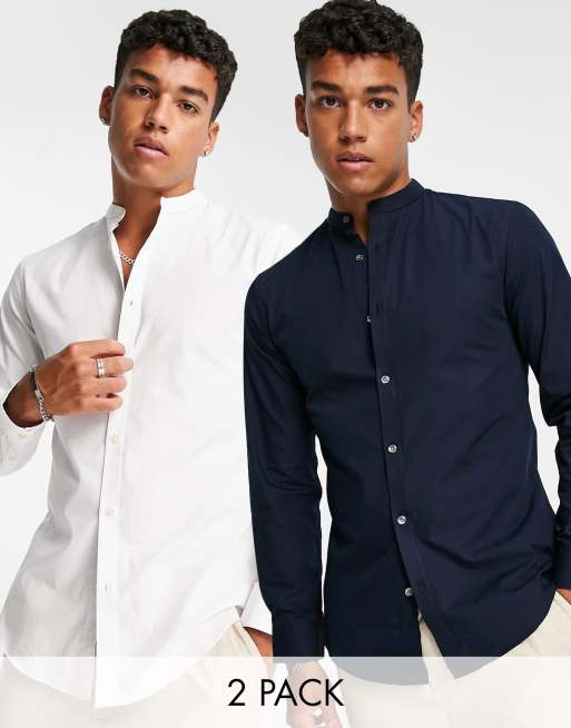 French Connection Set van 2 slim fit nette overhemden zonder kraag ASOS